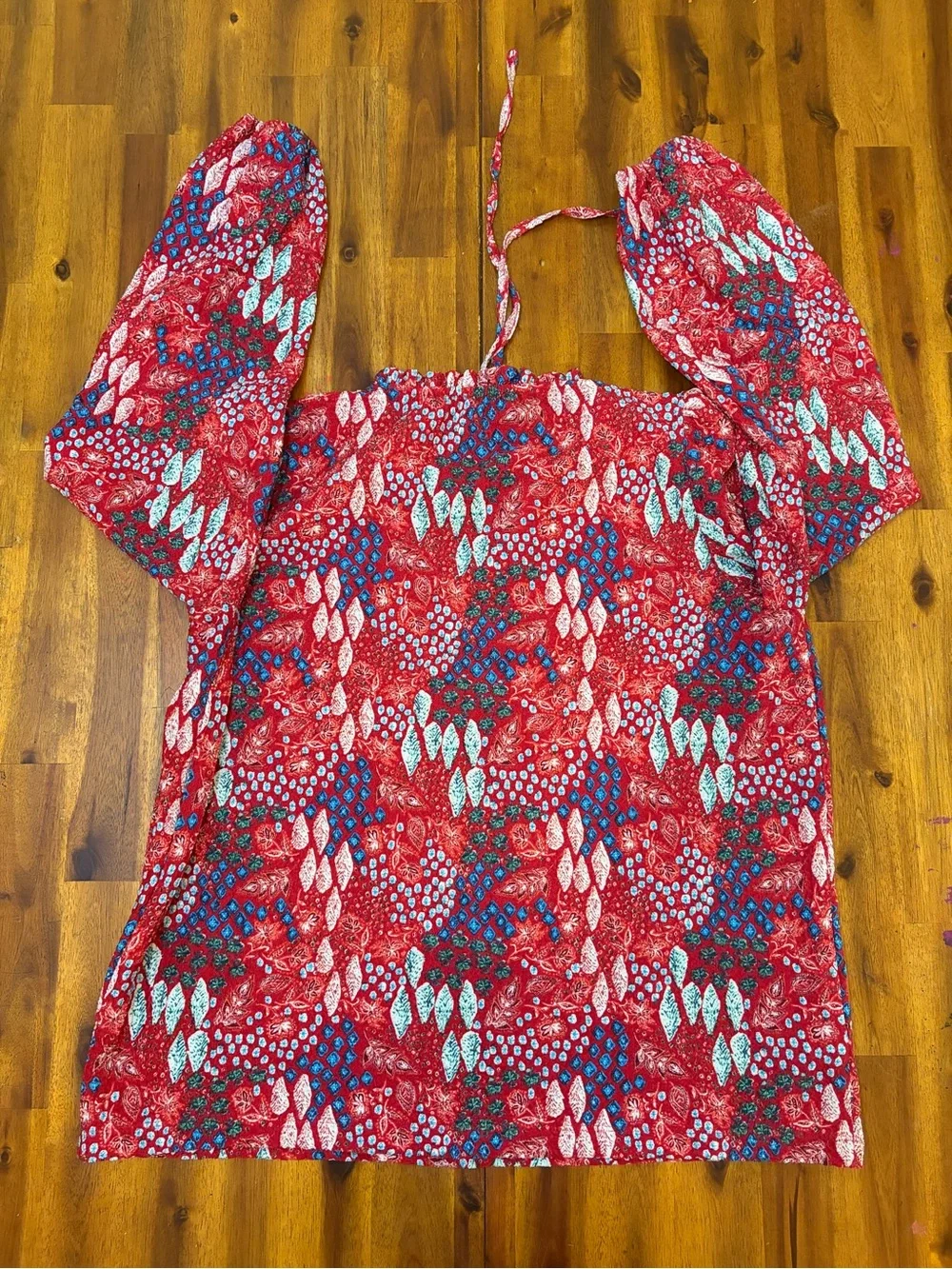 LOFT Red Floral Puff-Sleeve Square-Neck Blouse size large